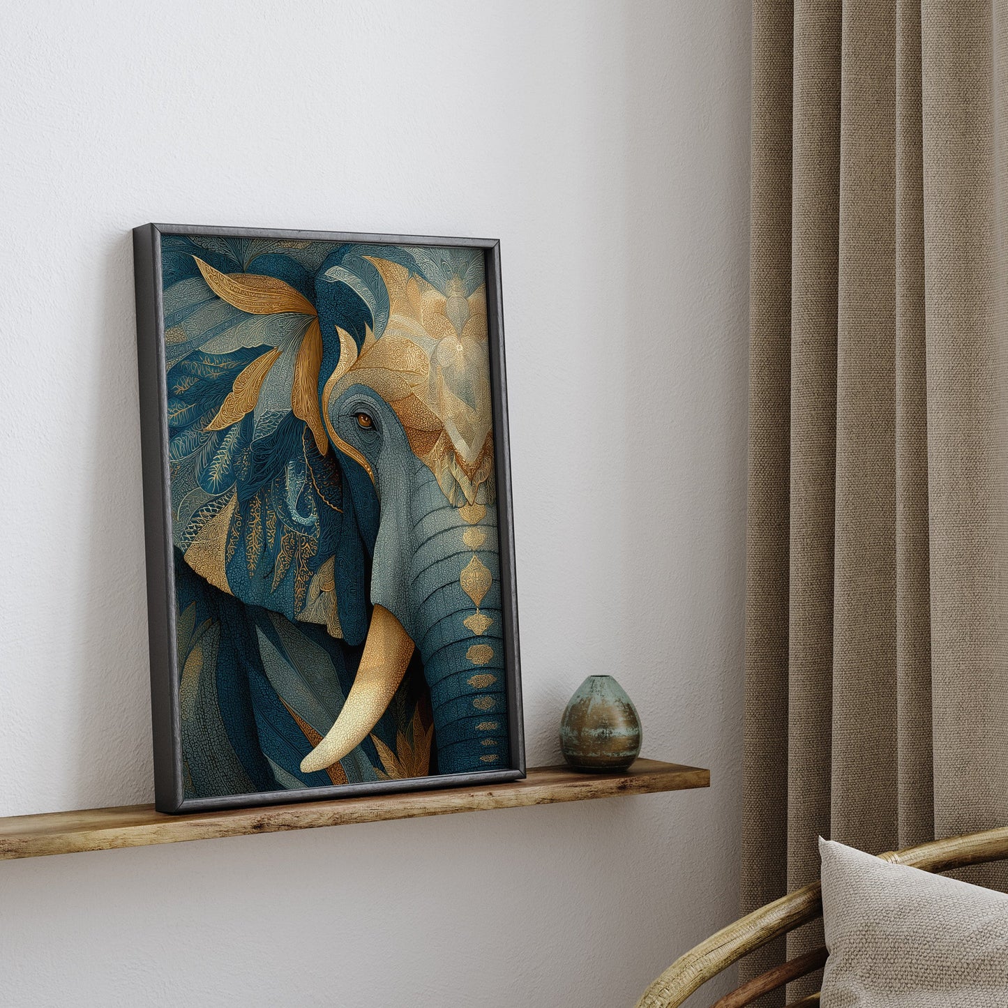 Golden Tusk Elephant wall art print interior mockup