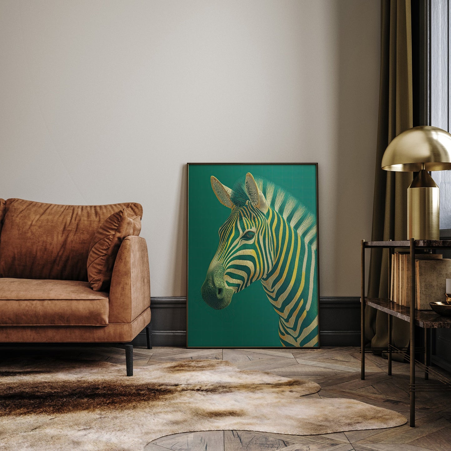 Emerald Zebra Portrait wall art print interior mockup