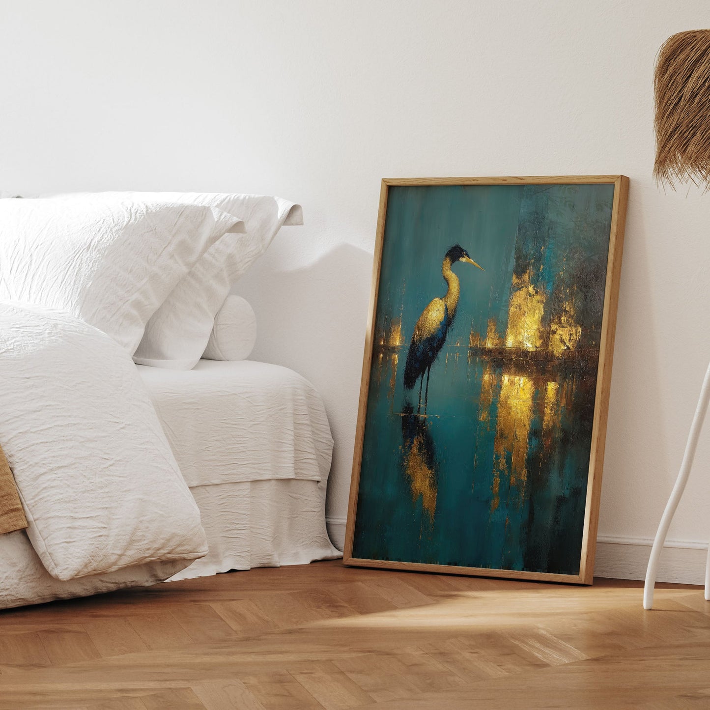 Midnight Reflection Heron wall art print interior mockup