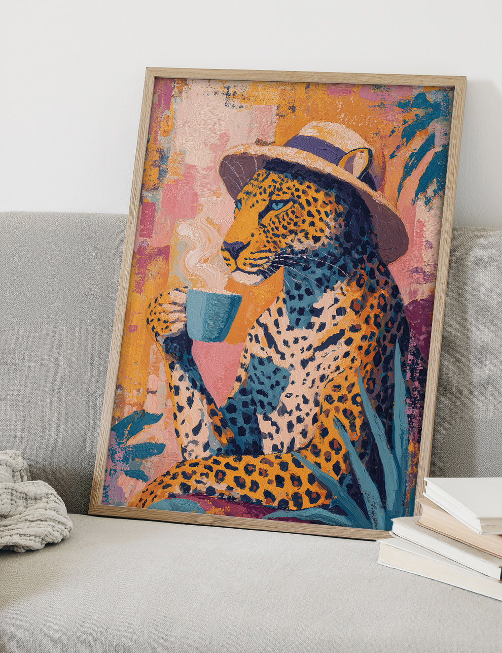 Leopard Wearing Hat Sipping Coffee