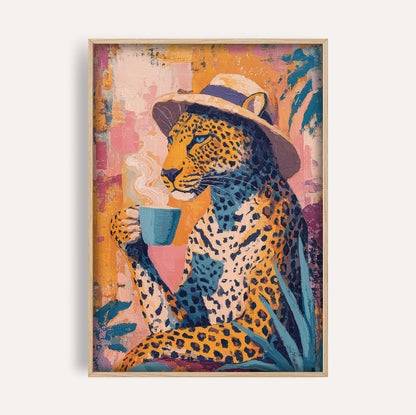 Leopard Wearing Hat Sipping Coffee