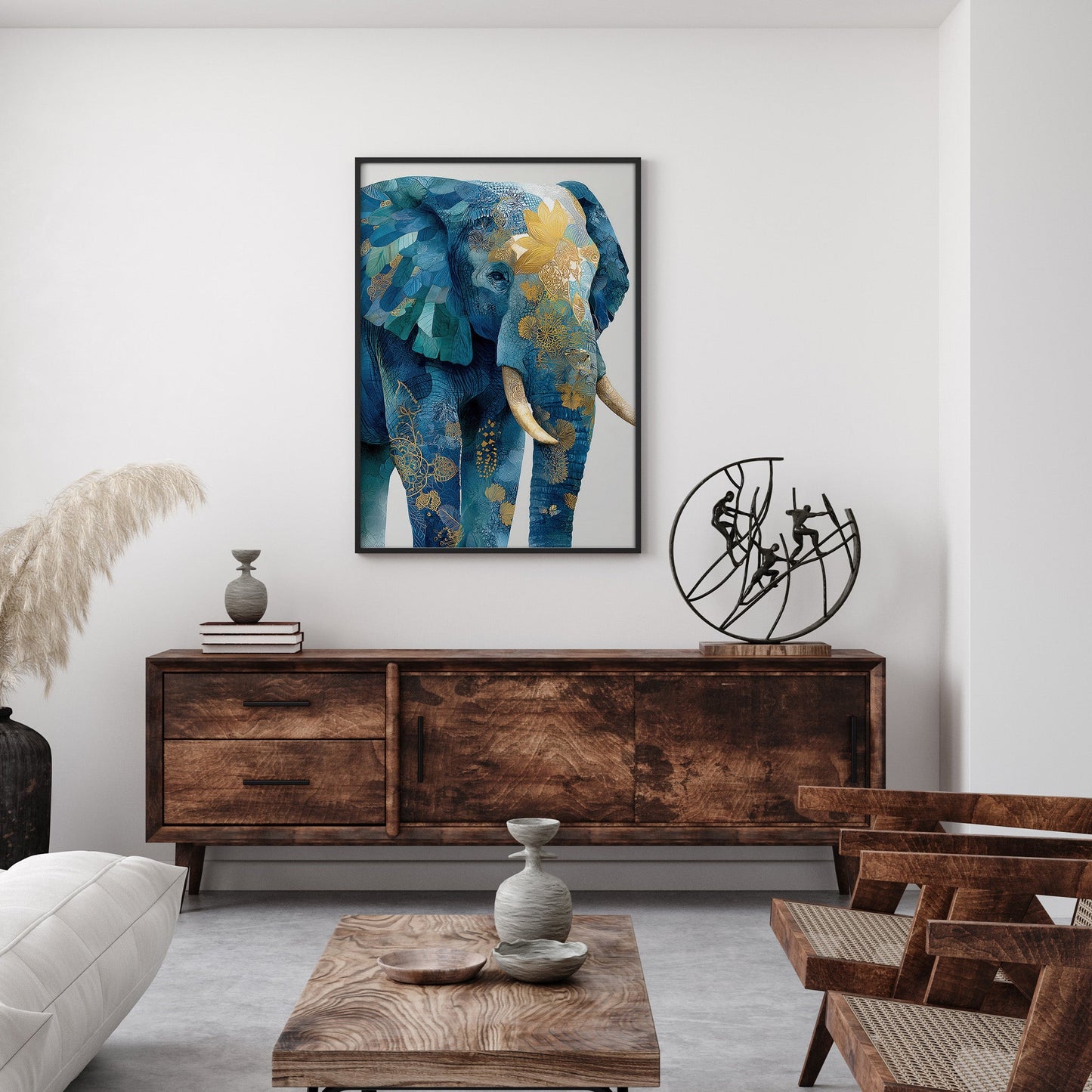 Blue Ornate Elephant wall art print interior mockup
