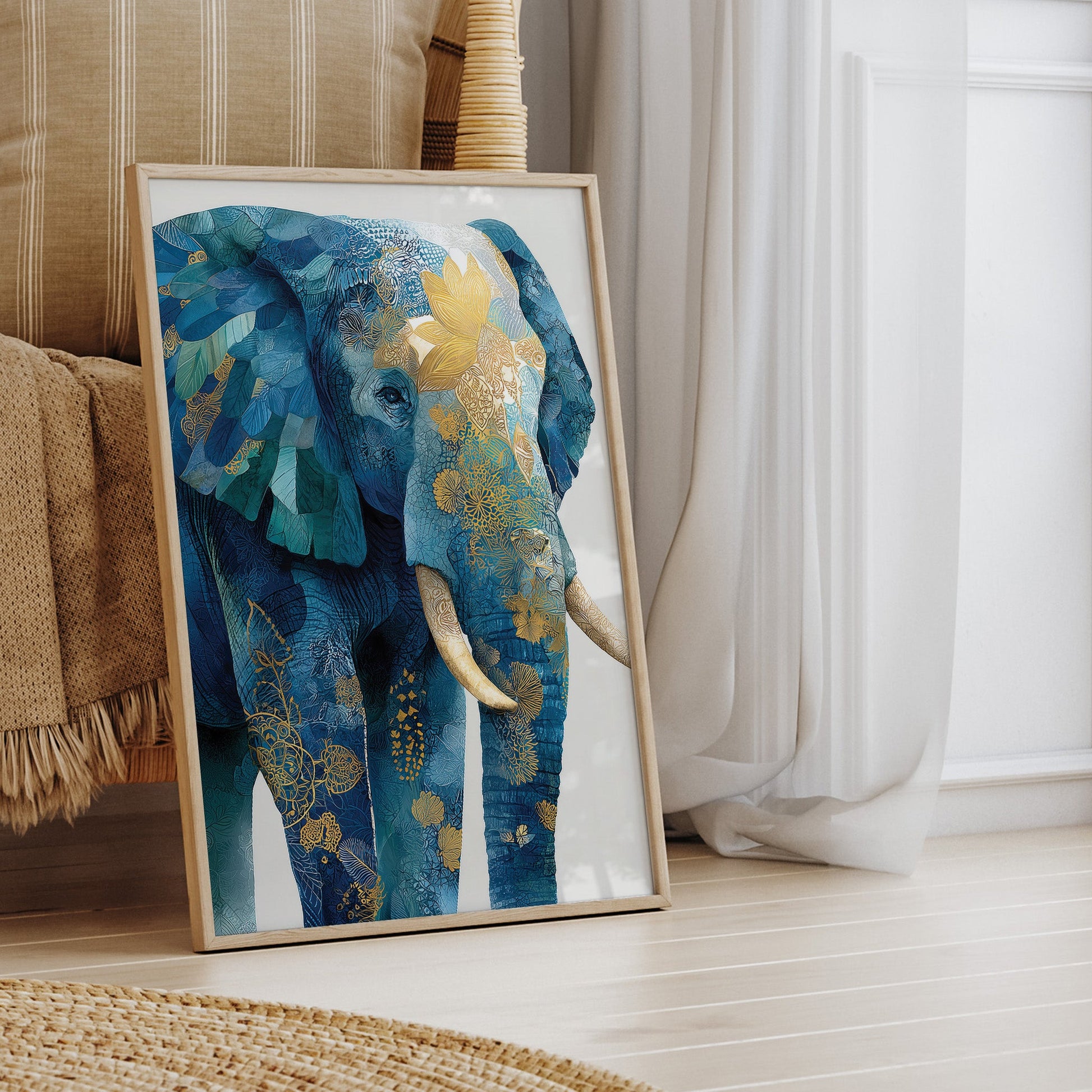 Blue Ornate Elephant wall art print interior mockup