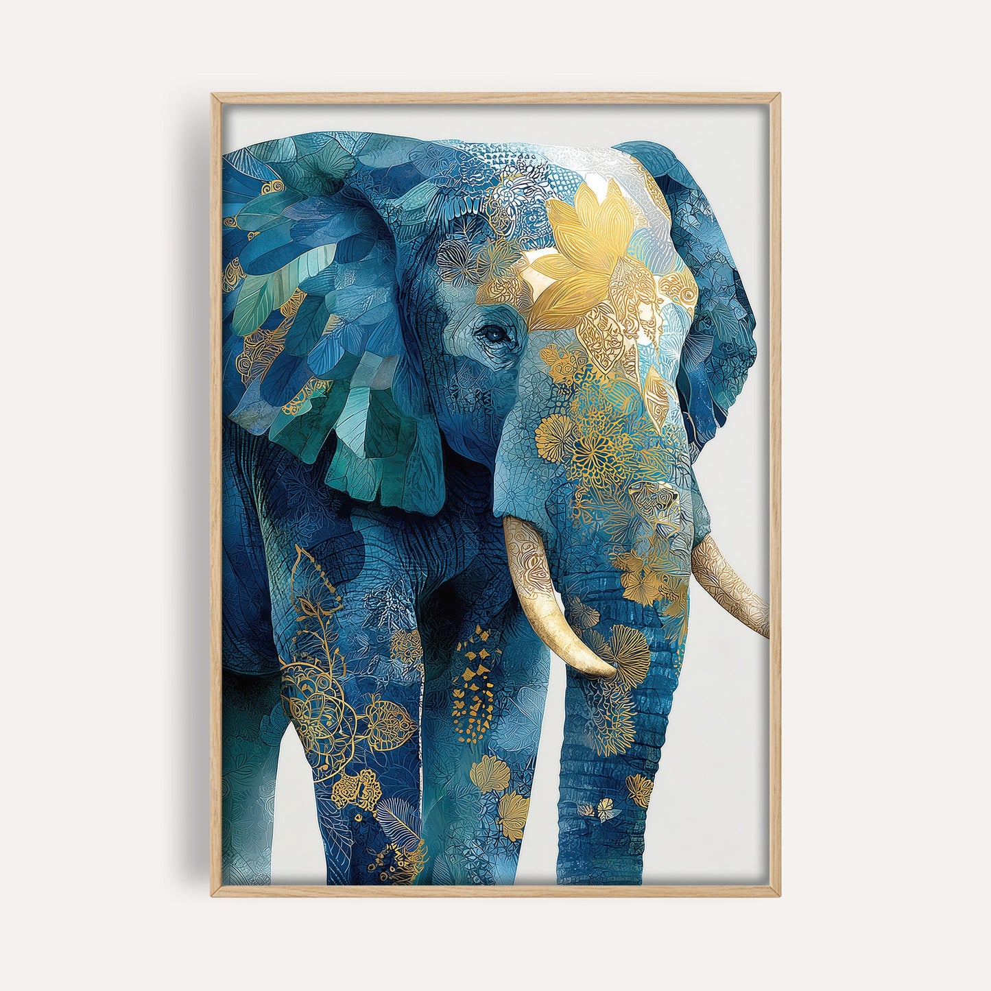 Blue Ornate Elephant wall art print front-facing mockup