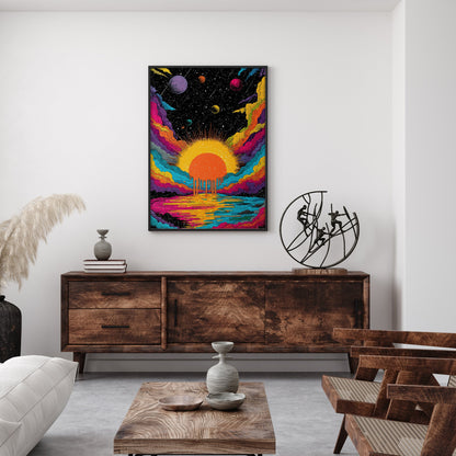 Psychedelic Melting Sun wall art print interior mockup