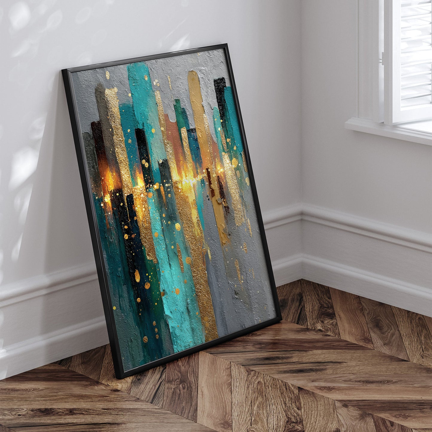 Celestial Gold Cascade wall art print interior mockup
