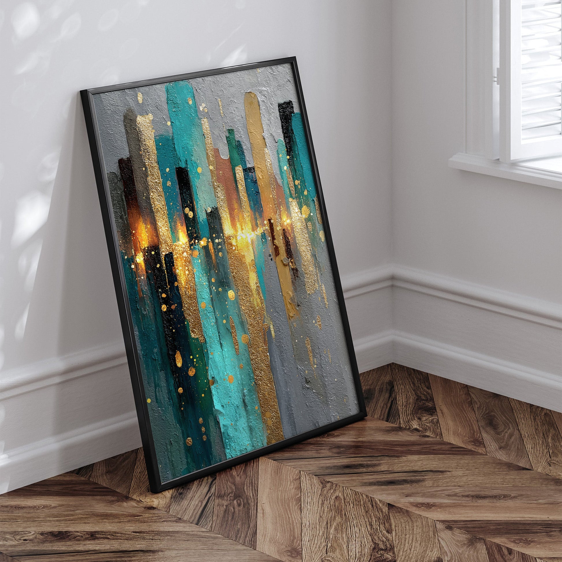 Celestial Gold Cascade wall art print interior mockup