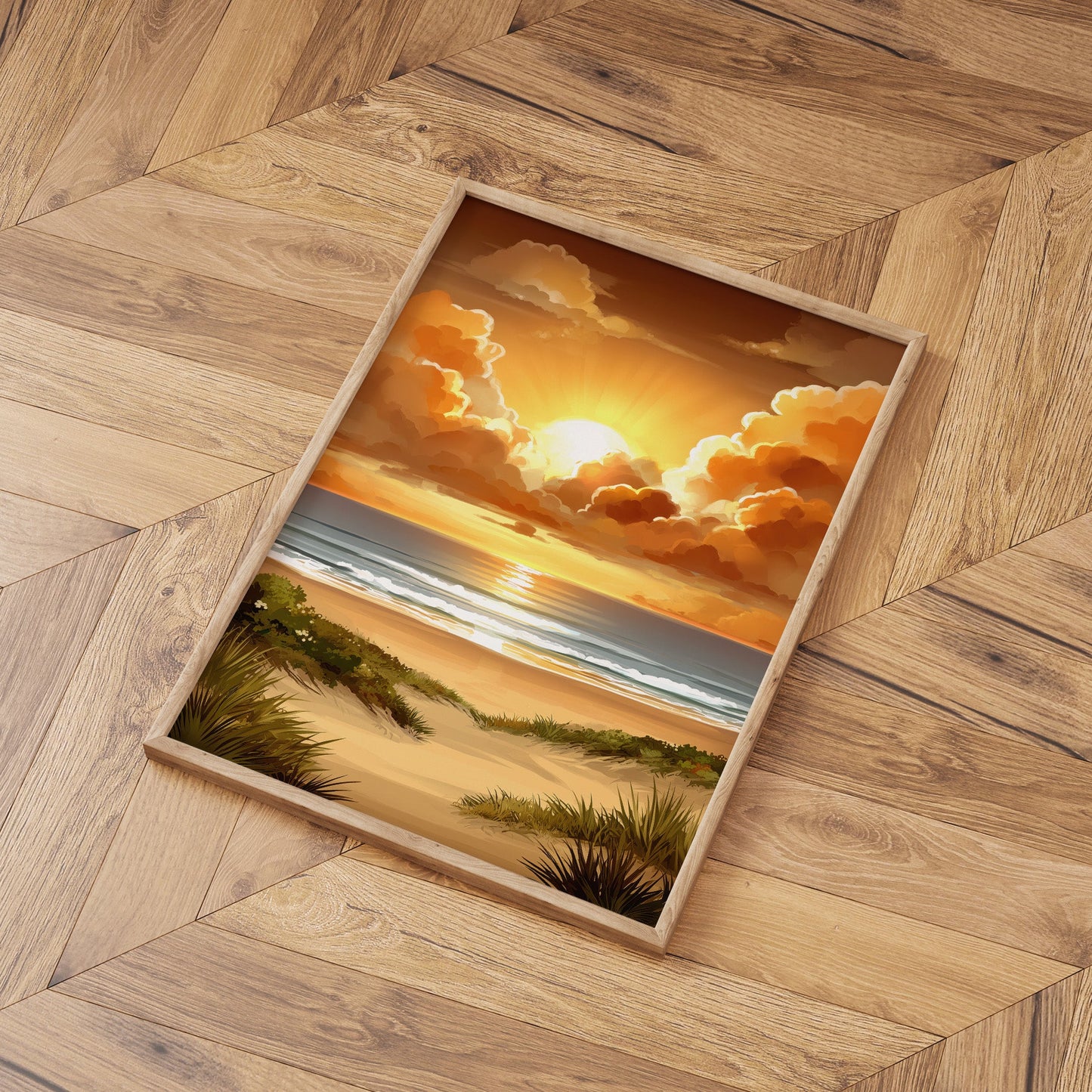 Golden Coastal Sunset wall art print interior mockup