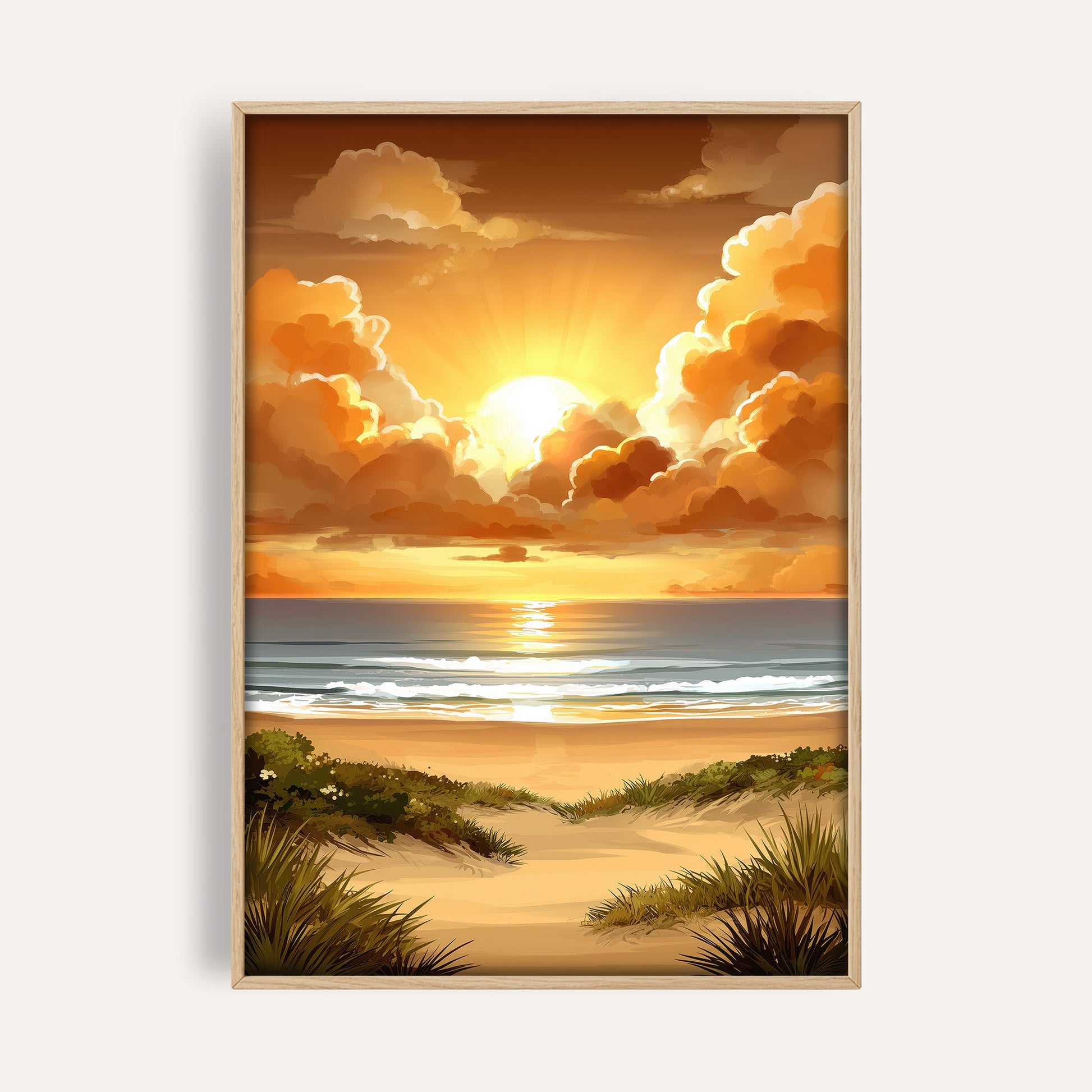 Golden Coastal Sunset wall art print front-facing mockup