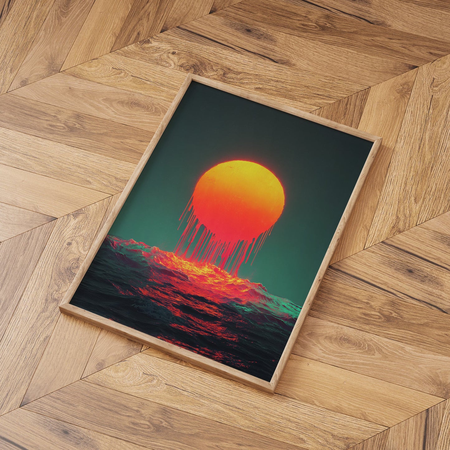 Neon Sunset Ocean wall art print interior mockup