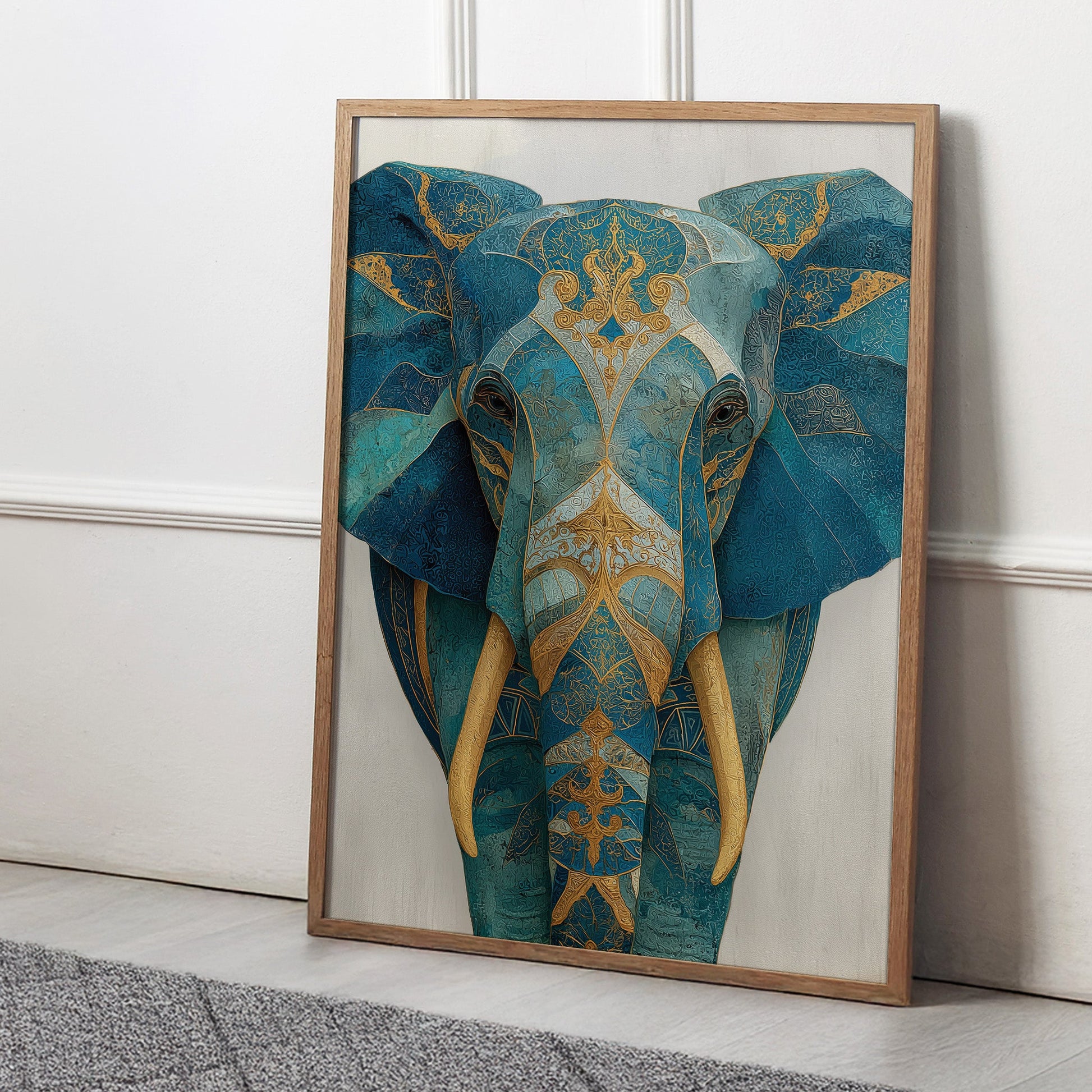 Teal Elephant Majesty wall art print interior mockup