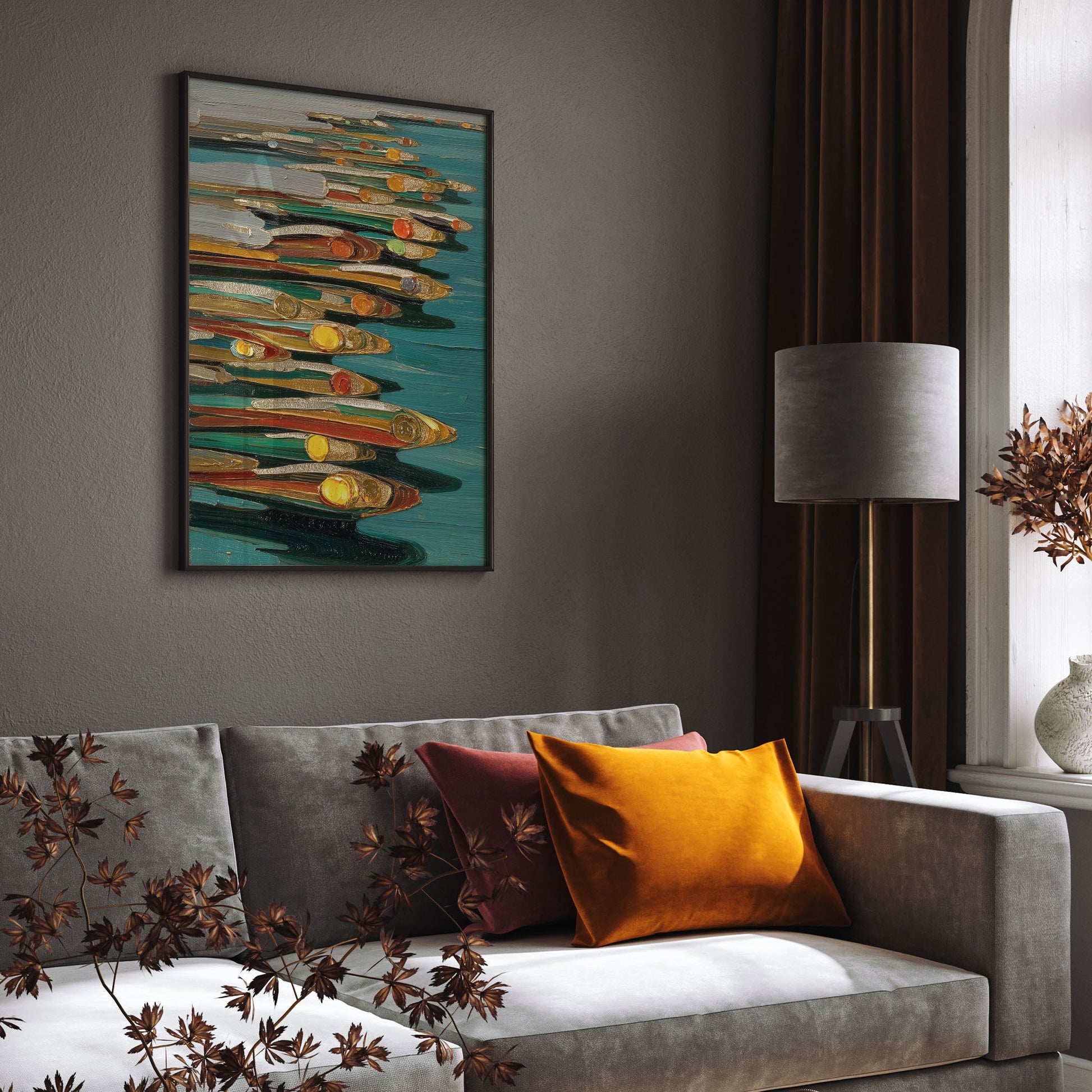 Golden Pencil Flow wall art print interior mockup