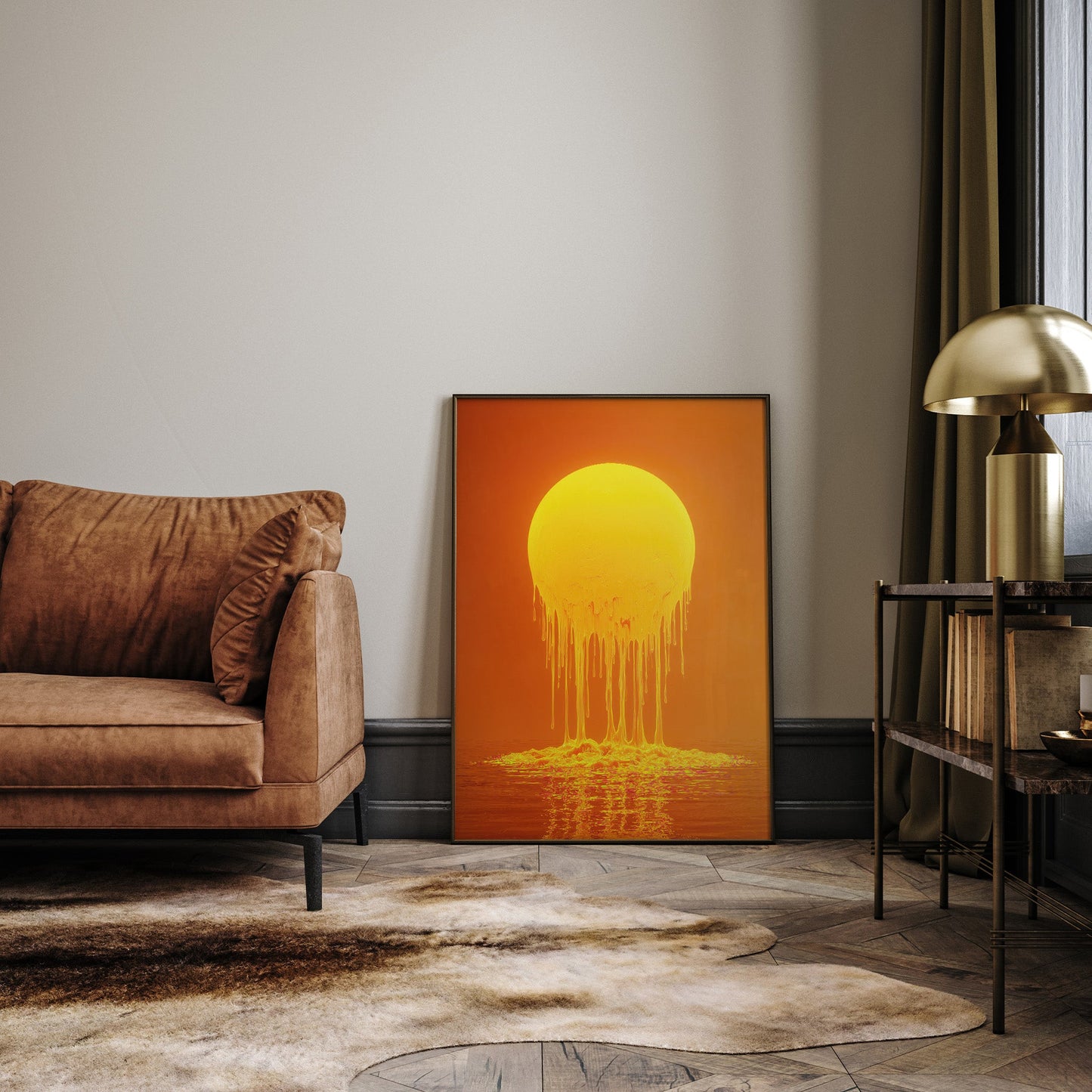 Melting Golden Sun wall art print interior mockup
