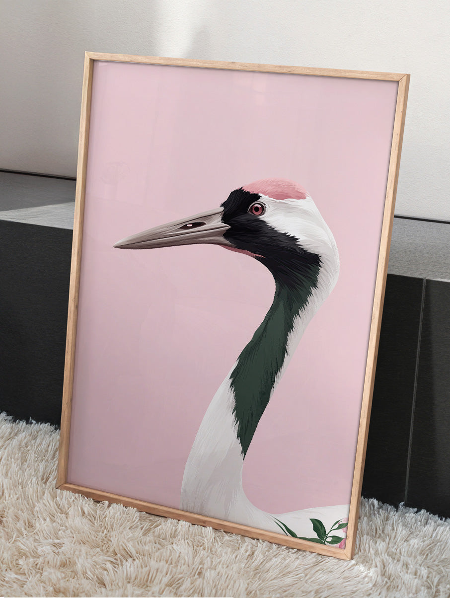 Pink Egret Portrait wall art print interior mockup