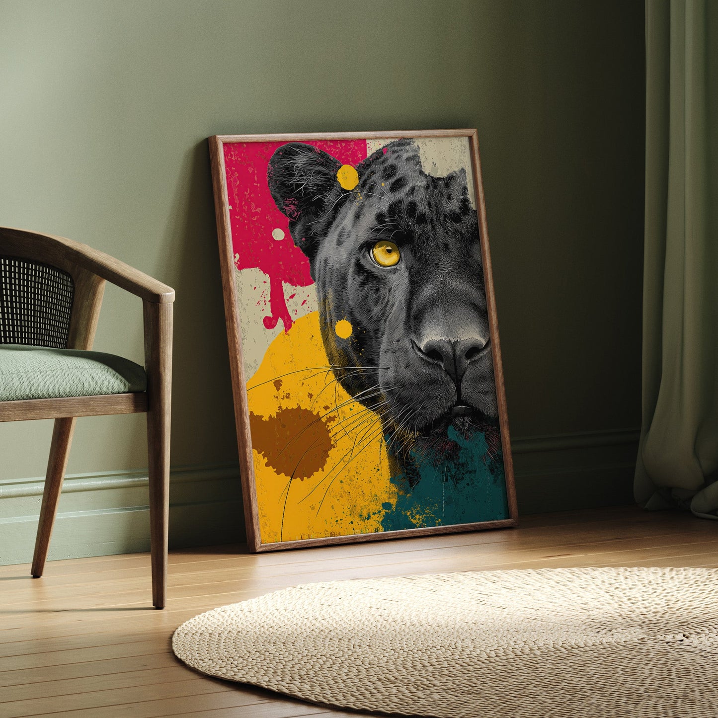 Golden Panther Gaze animal wall art print interior mockup