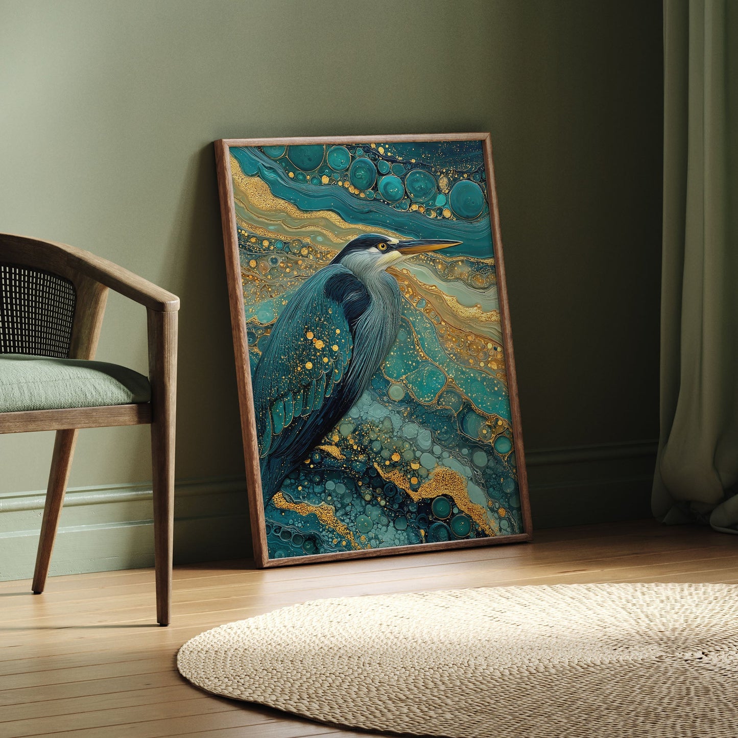 Kintsugi Heron wall art print interior mockup