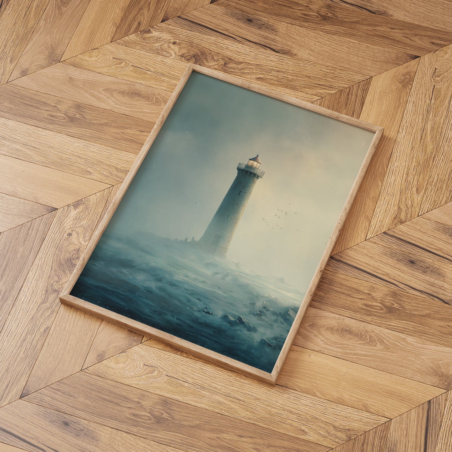Misty Blue Lighthouse wall art print interior mockup
