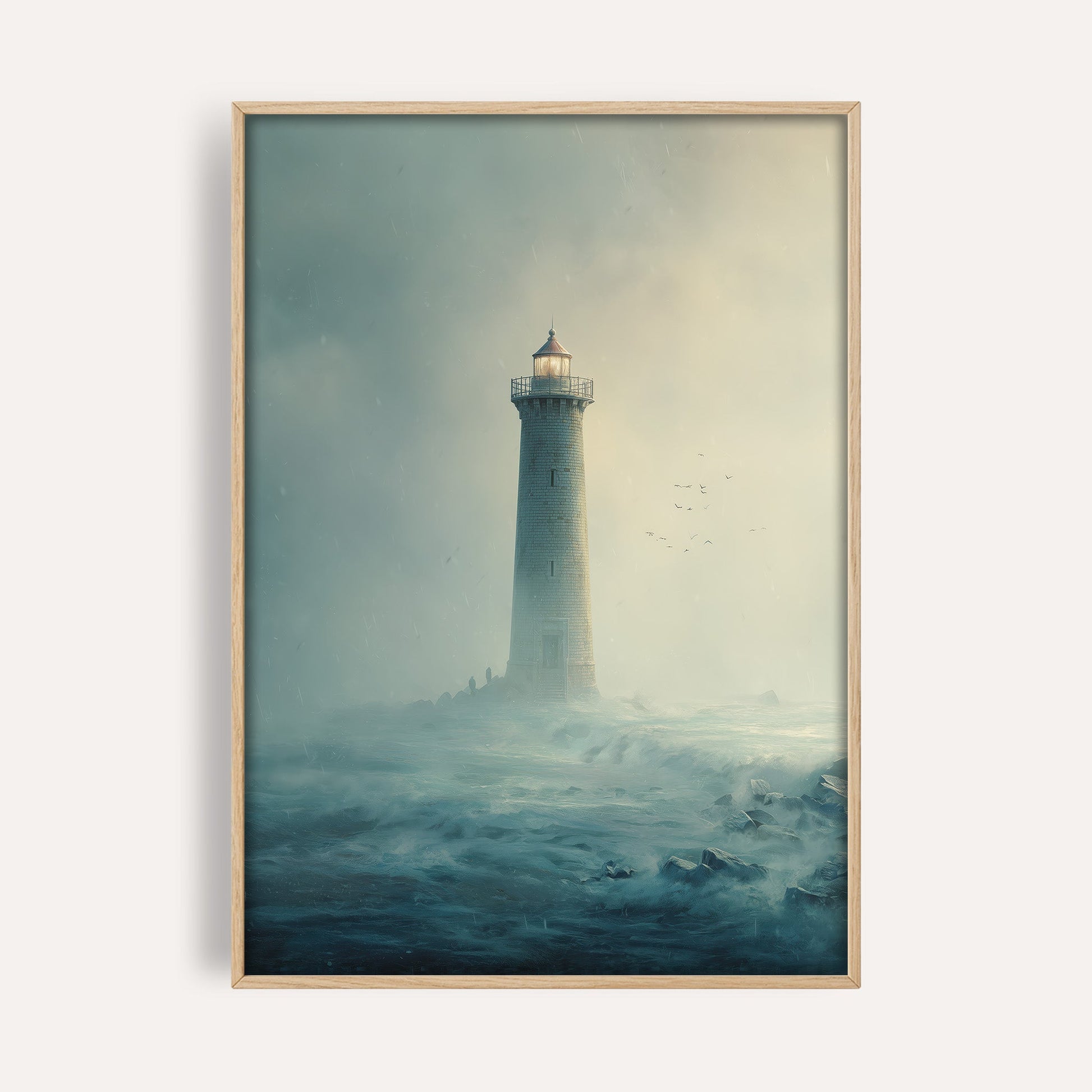 Misty Blue Lighthouse wall art print front-facing mockup