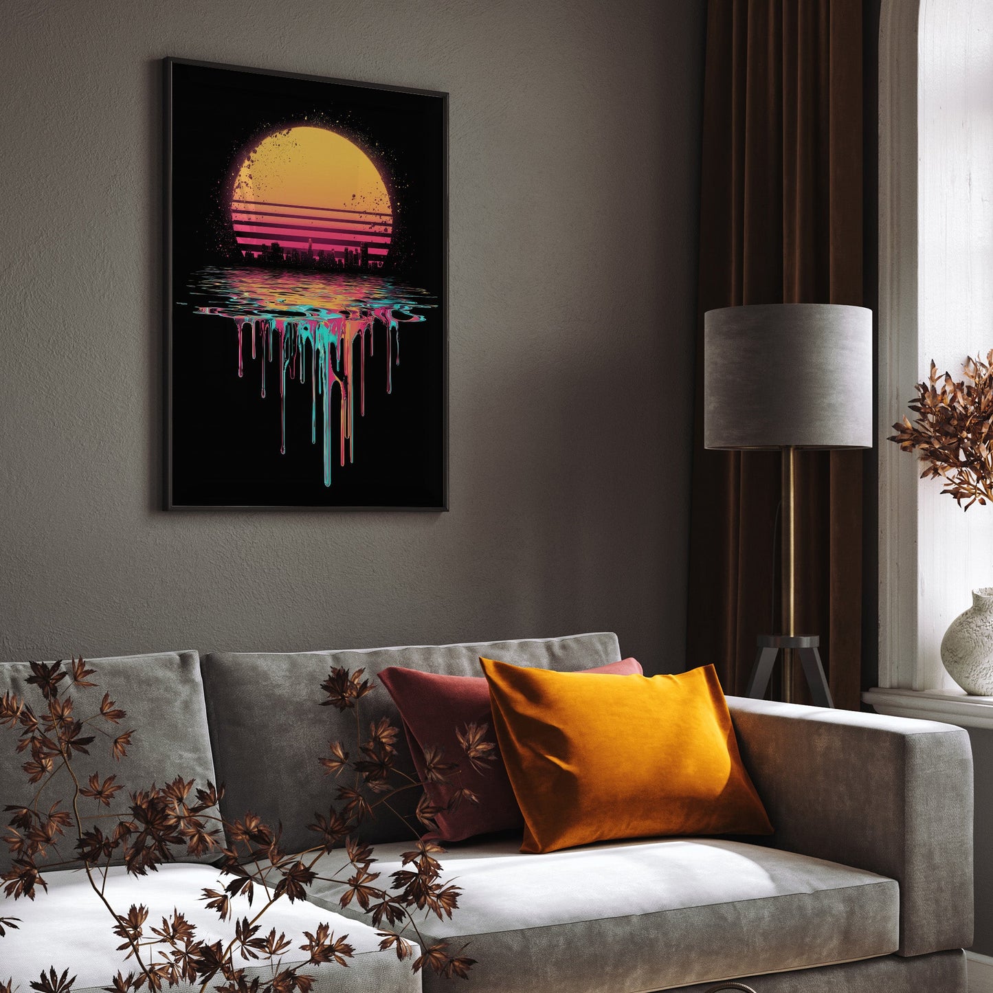Retro Dripping Sunset wall art print interior mockup