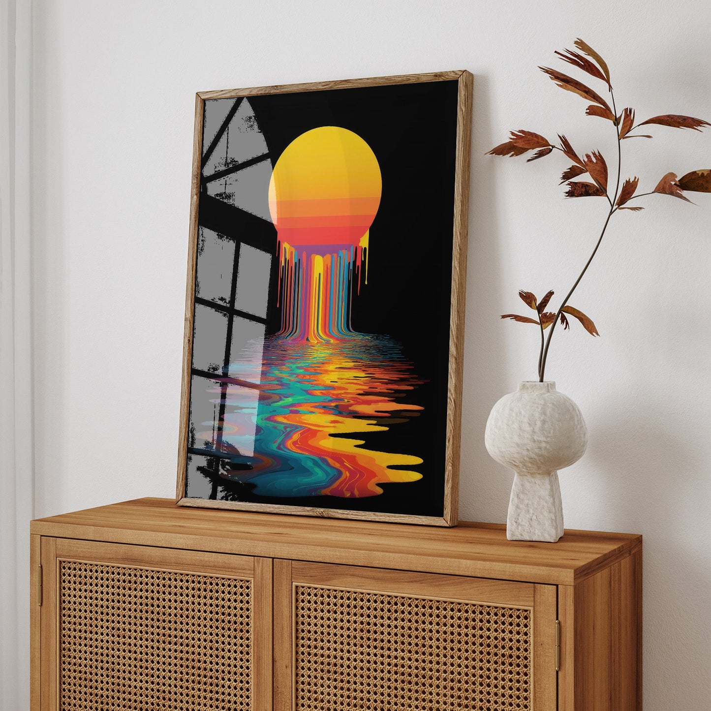 Neon Sun Waterfall wall art print interior mockup