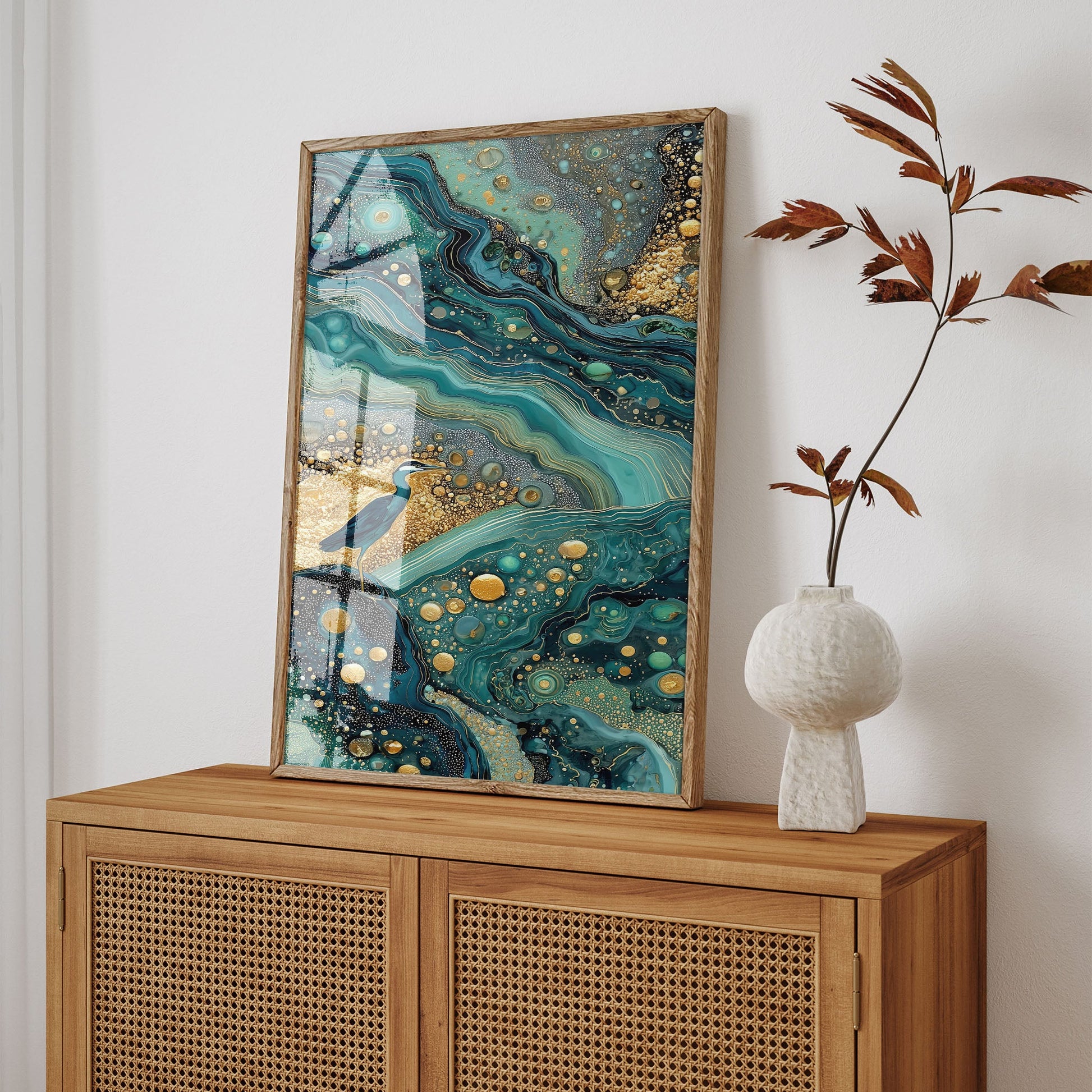 Ocean Current Heron wall art print interior mockup
