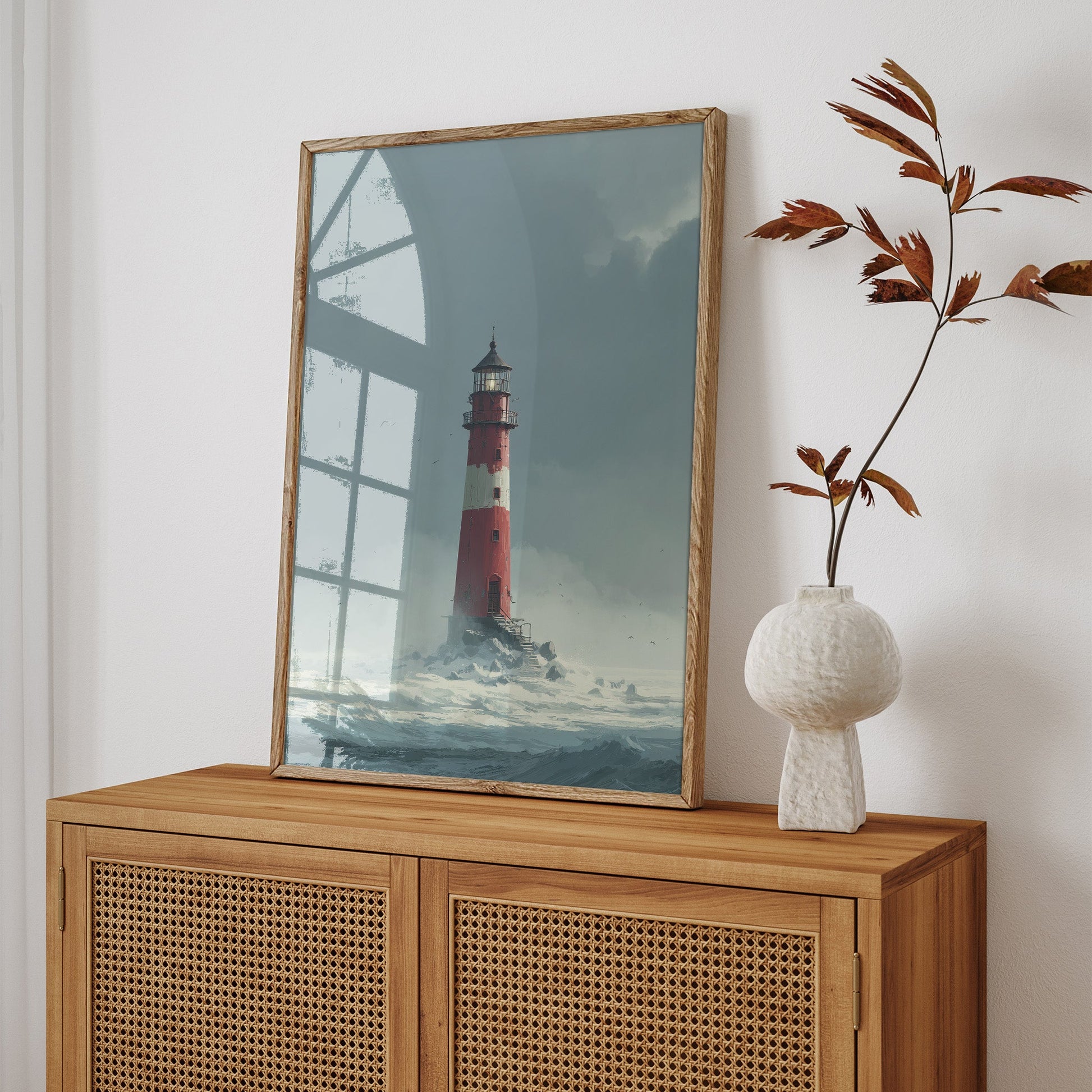 Red Lighthouse Seascape wall art print interior mockup