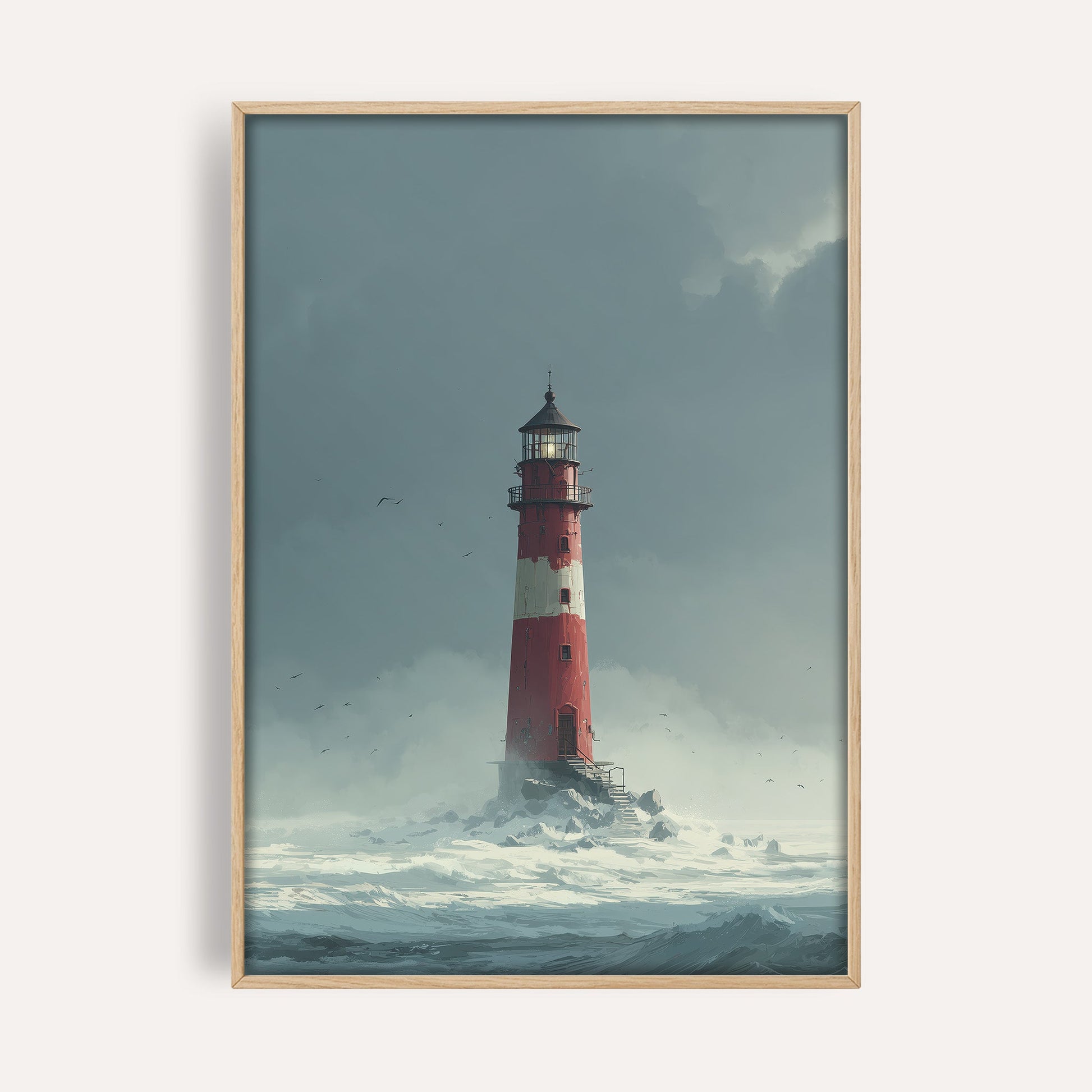 Red Lighthouse Seascape wall art print front-facing mockup