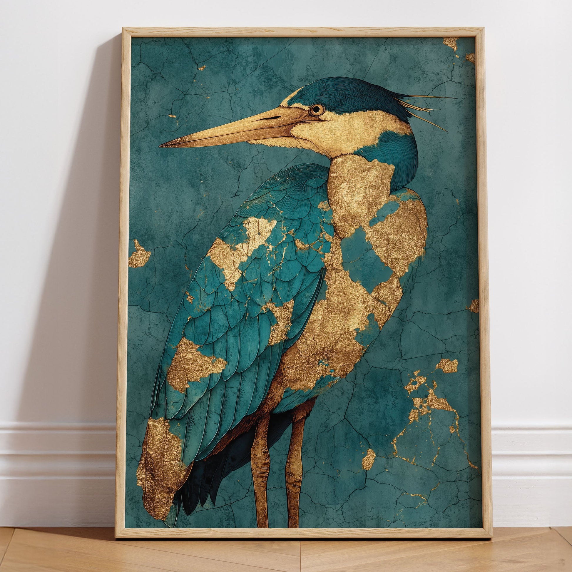 Golden Tide Heron wall art print interior mockup