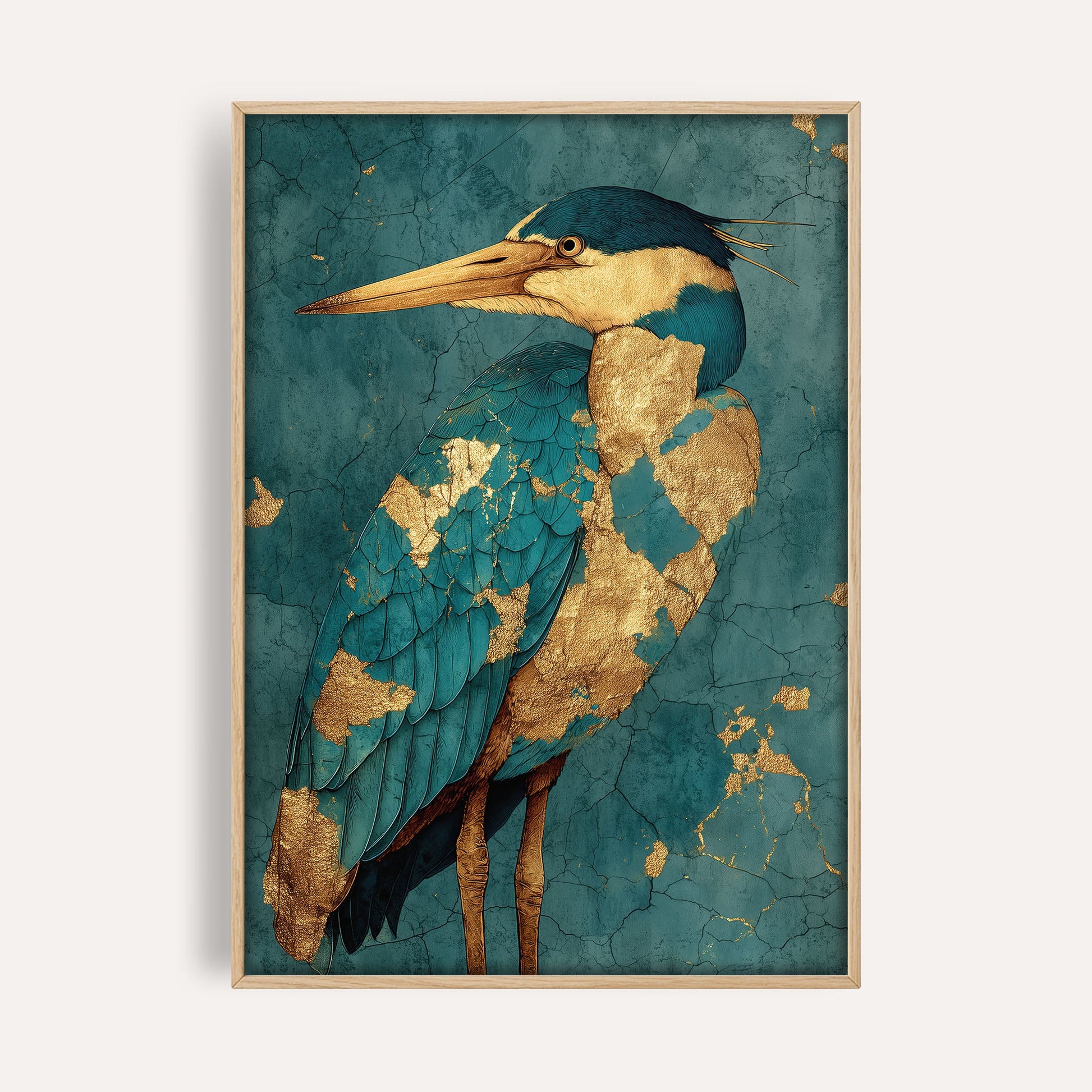 Golden Tide Heron wall art print front-facing mockup