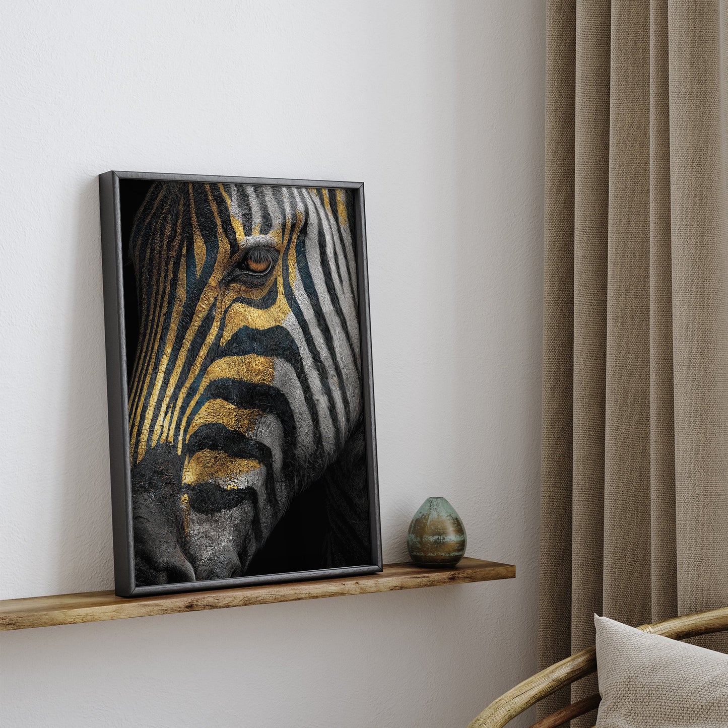 Midnight Zebra Detail wall art print interior mockup