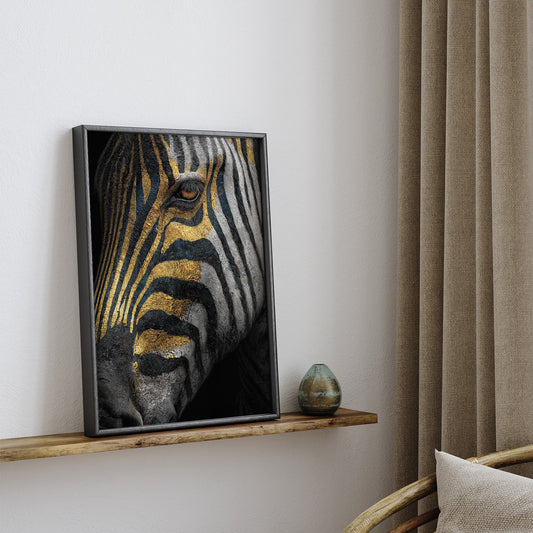 Midnight Zebra Detail wall art print interior mockup