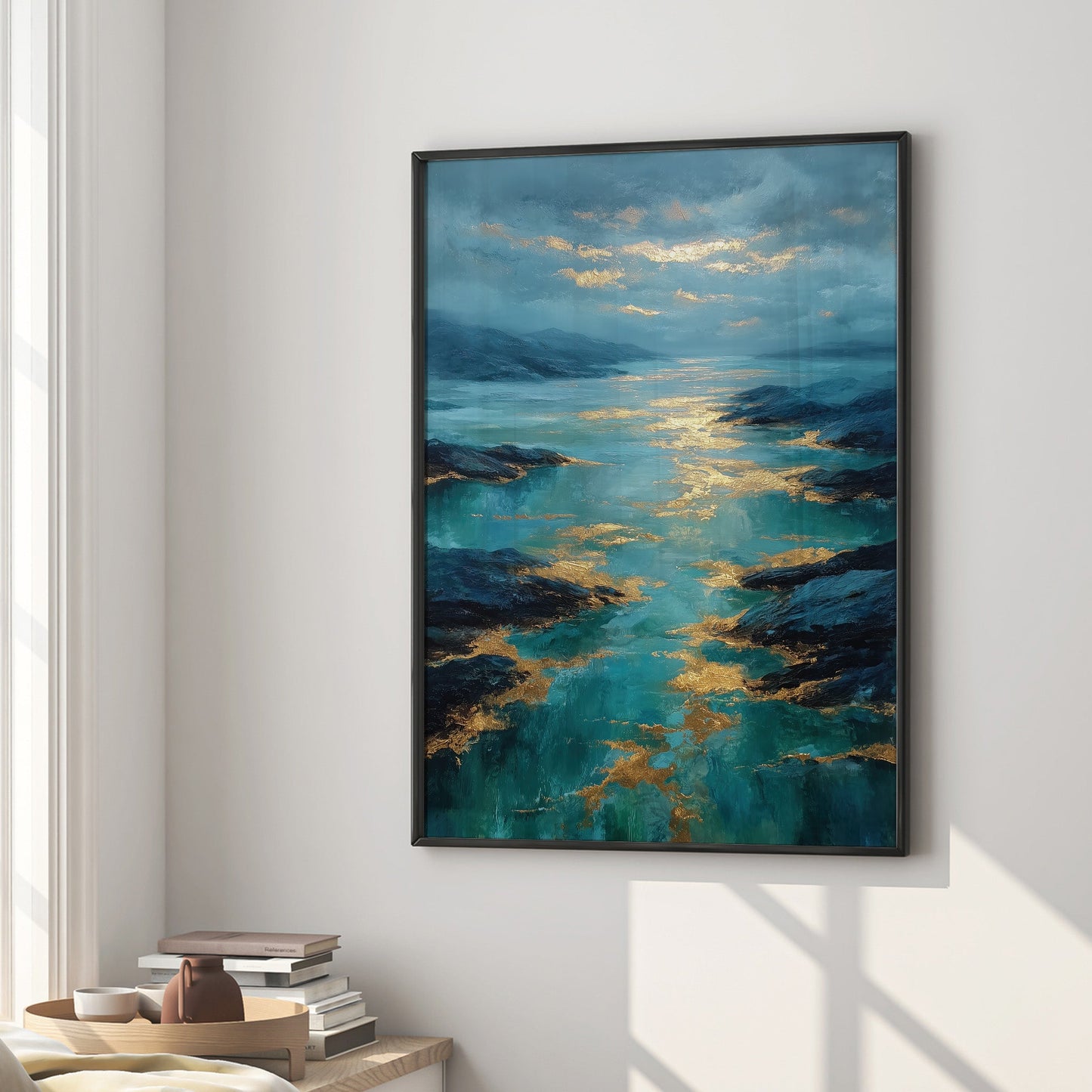 Blue Lagoon Drift coastal seascape wall art print interior mockup