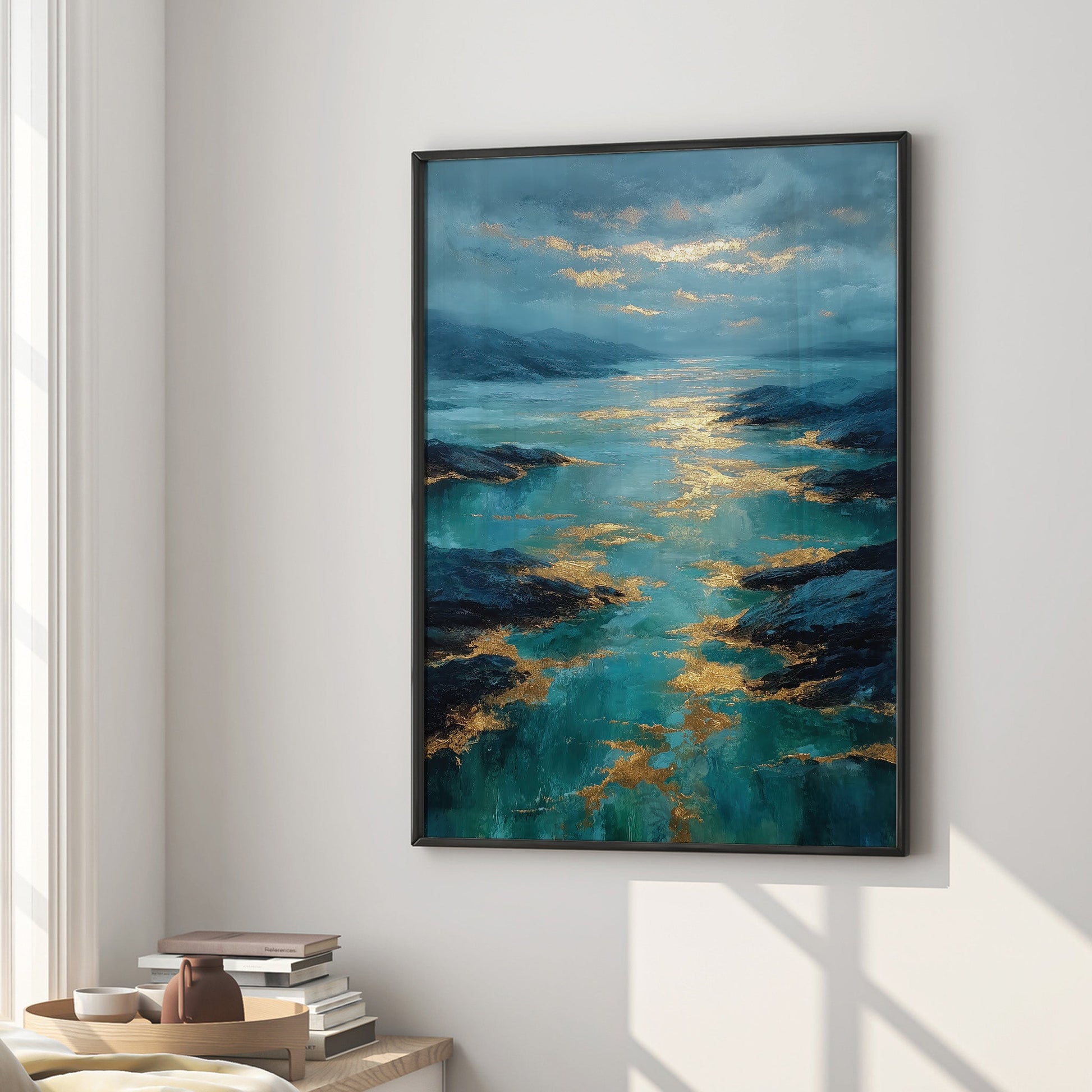 Blue Lagoon Drift coastal seascape wall art print interior mockup