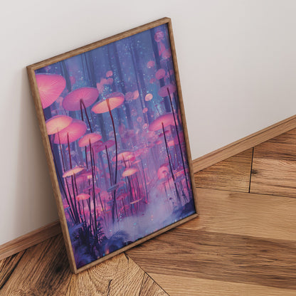 Glowing Mushroom Forest wall art print interior mockup