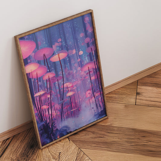 Glowing Mushroom Forest wall art print interior mockup