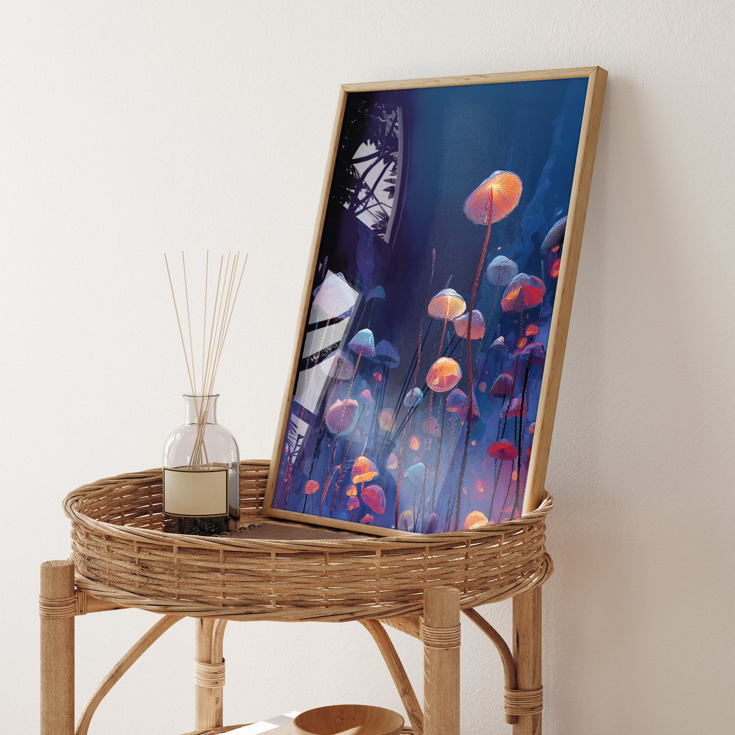 Blue Night Mushrooms wall art print interior mockup