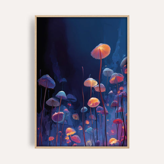 Blue Night Mushrooms wall art print front-facing mockup