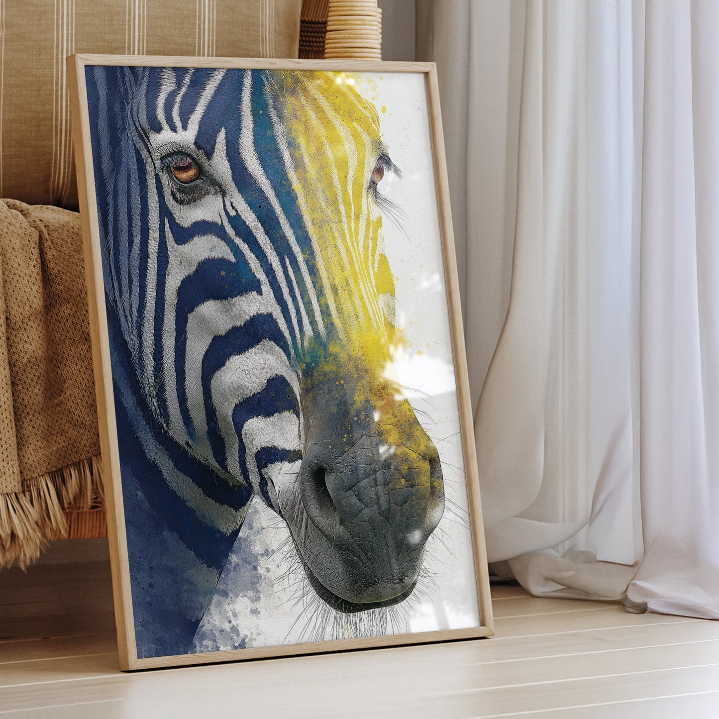 Coastal Zebra Study wall art print interior mockup