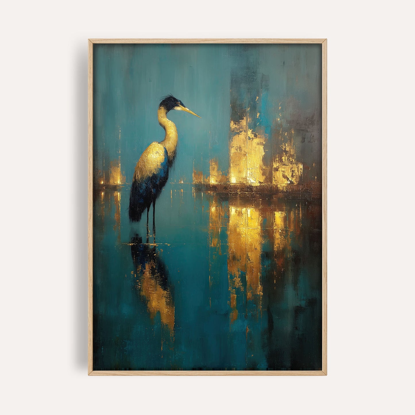 Midnight Reflection Heron wall art print front-facing mockup